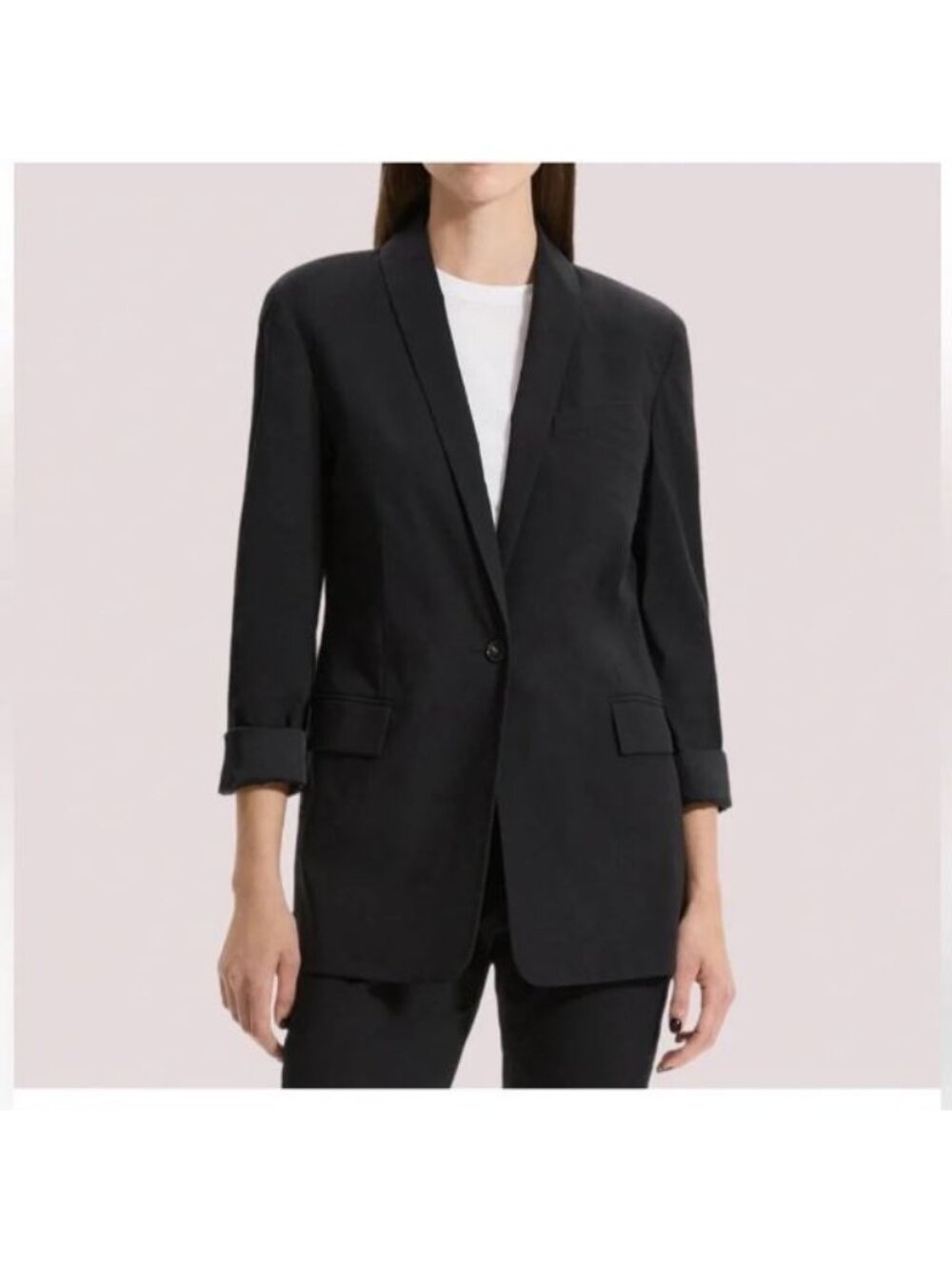 Theory Women 8 Rolled Sleeve Blazer Jacket Black Linen Blend Single Breasted